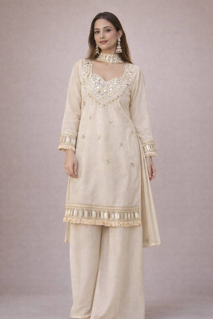 Ivory Silk Designer Kurta Palazzo Set with Mirror Work & Dupatta