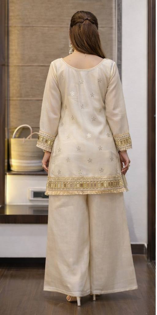 Ivory Silk Designer Kurta Palazzo Set with Mirror Work & Dupatta