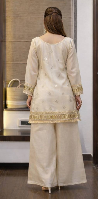 Ivory Silk Designer Kurta Palazzo Set with Mirror Work & Dupatta