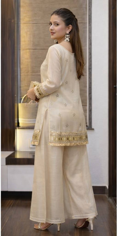 Ivory Silk Designer Kurta Palazzo Set with Mirror Work & Dupatta