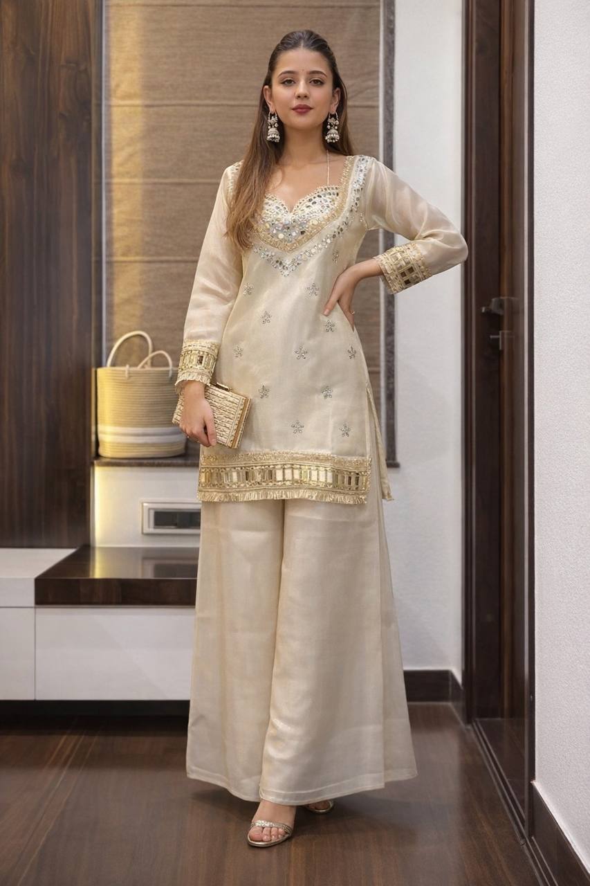 Ivory Silk Designer Kurta Palazzo Set with Mirror Work & Dupatta