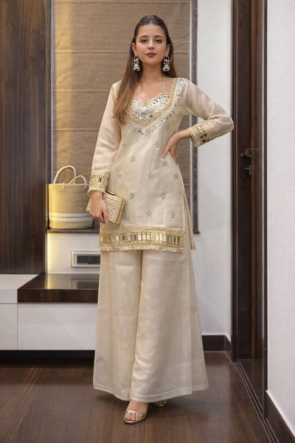 Ivory Silk Designer Kurta Palazzo Set with Mirror Work & Dupatta