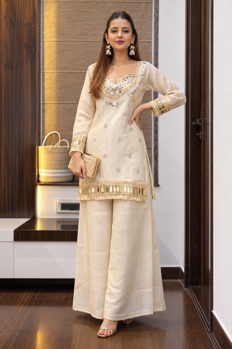 Ivory Silk Designer Kurta Palazzo Set with Mirror Work & Dupatta