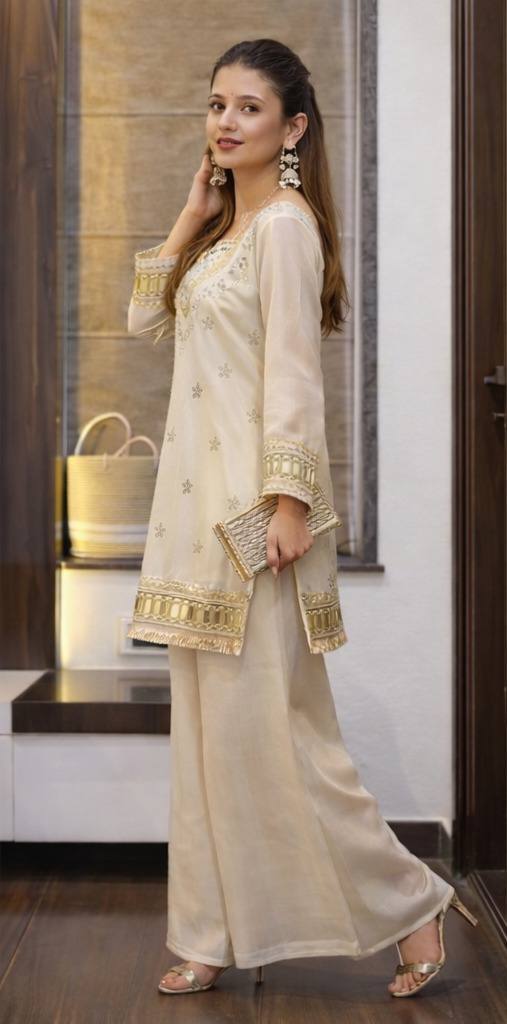 Ivory Silk Designer Kurta Palazzo Set with Mirror Work & Dupatta
