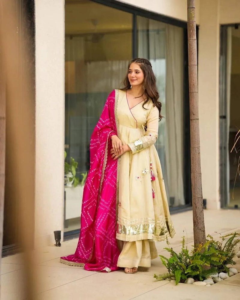 Ivory Embroidered Anarkali Kurta Set with Pink Bandhani Dupatta