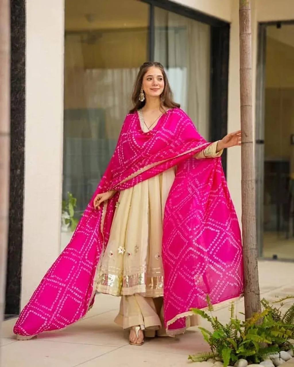 Ivory Embroidered Anarkali Kurta Set with Pink Bandhani Dupatta