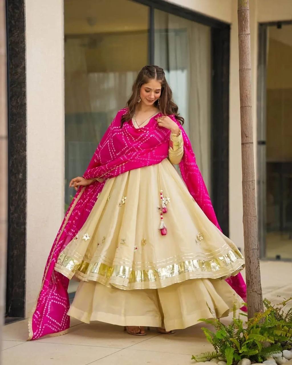 Ivory Embroidered Anarkali Kurta Set with Pink Bandhani Dupatta
