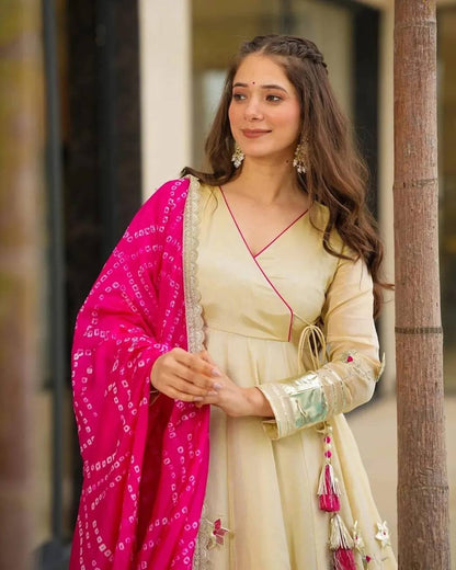 Ivory Embroidered Anarkali Kurta Set with Pink Bandhani Dupatta