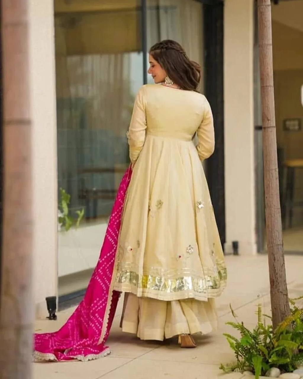 Ivory Embroidered Anarkali Kurta Set with Pink Bandhani Dupatta