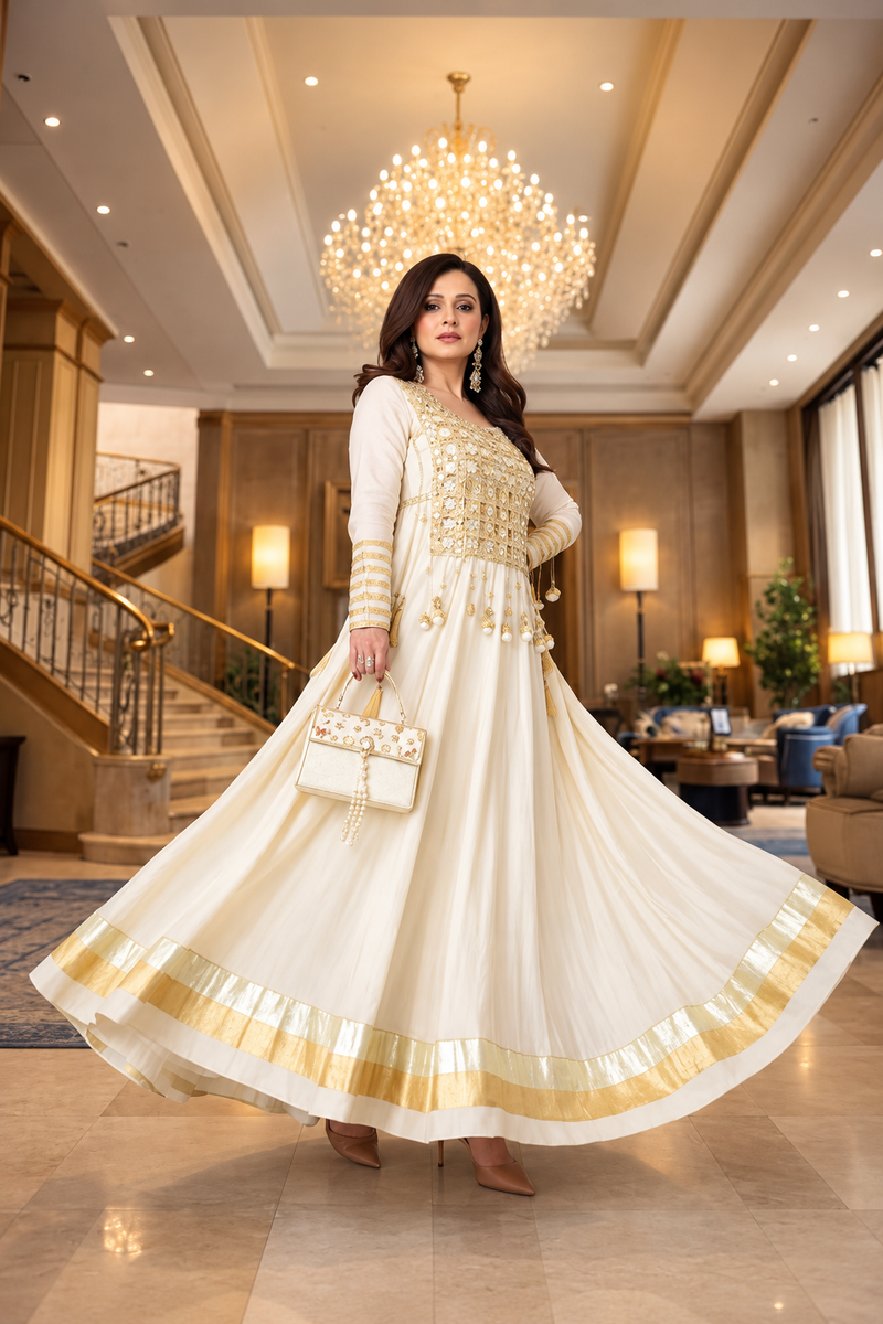Ivory Embroidered Anarkali Gown with Gold Detailing