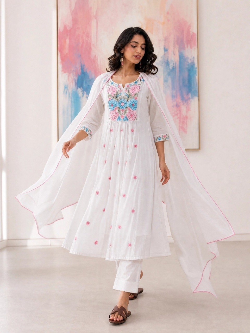 White Floral Embroidered Chanderi Anarkali Suit Set