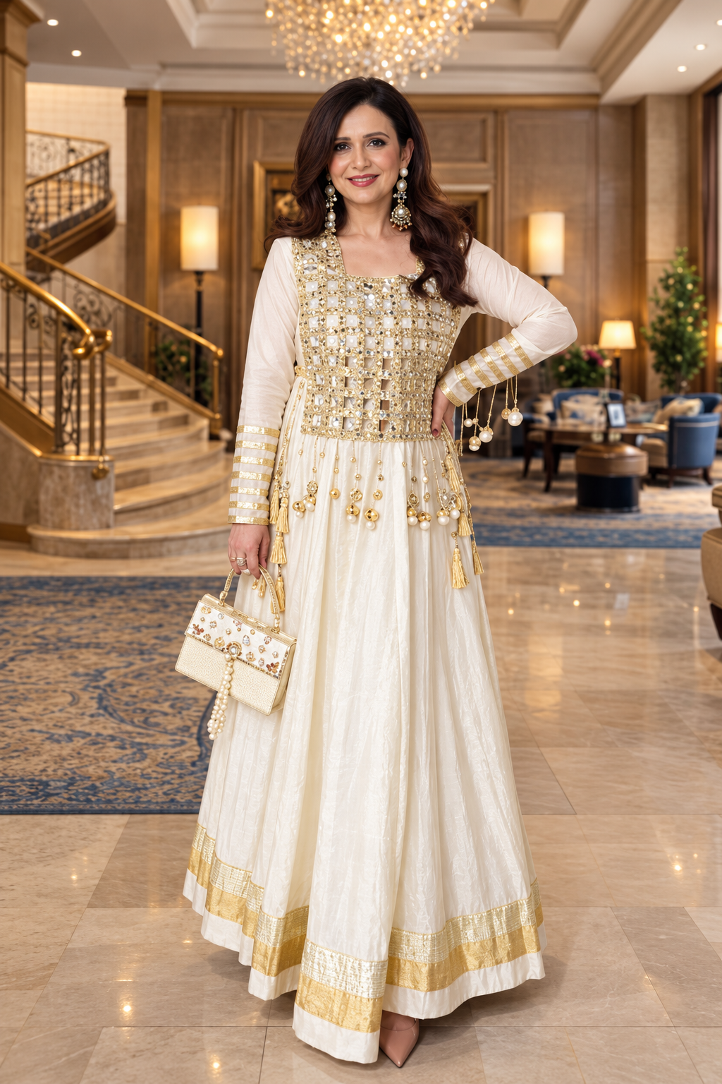 Ivory Embroidered Anarkali Gown with Gold Detailing