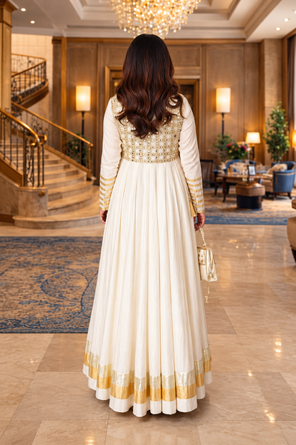 Ivory Embroidered Anarkali Gown with Gold Detailing
