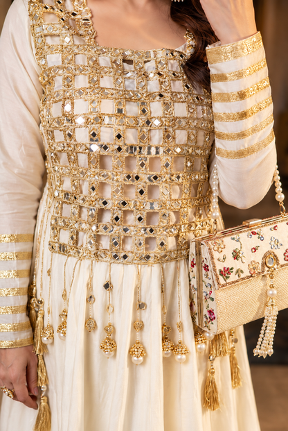 Ivory Embroidered Anarkali Gown with Gold Detailing
