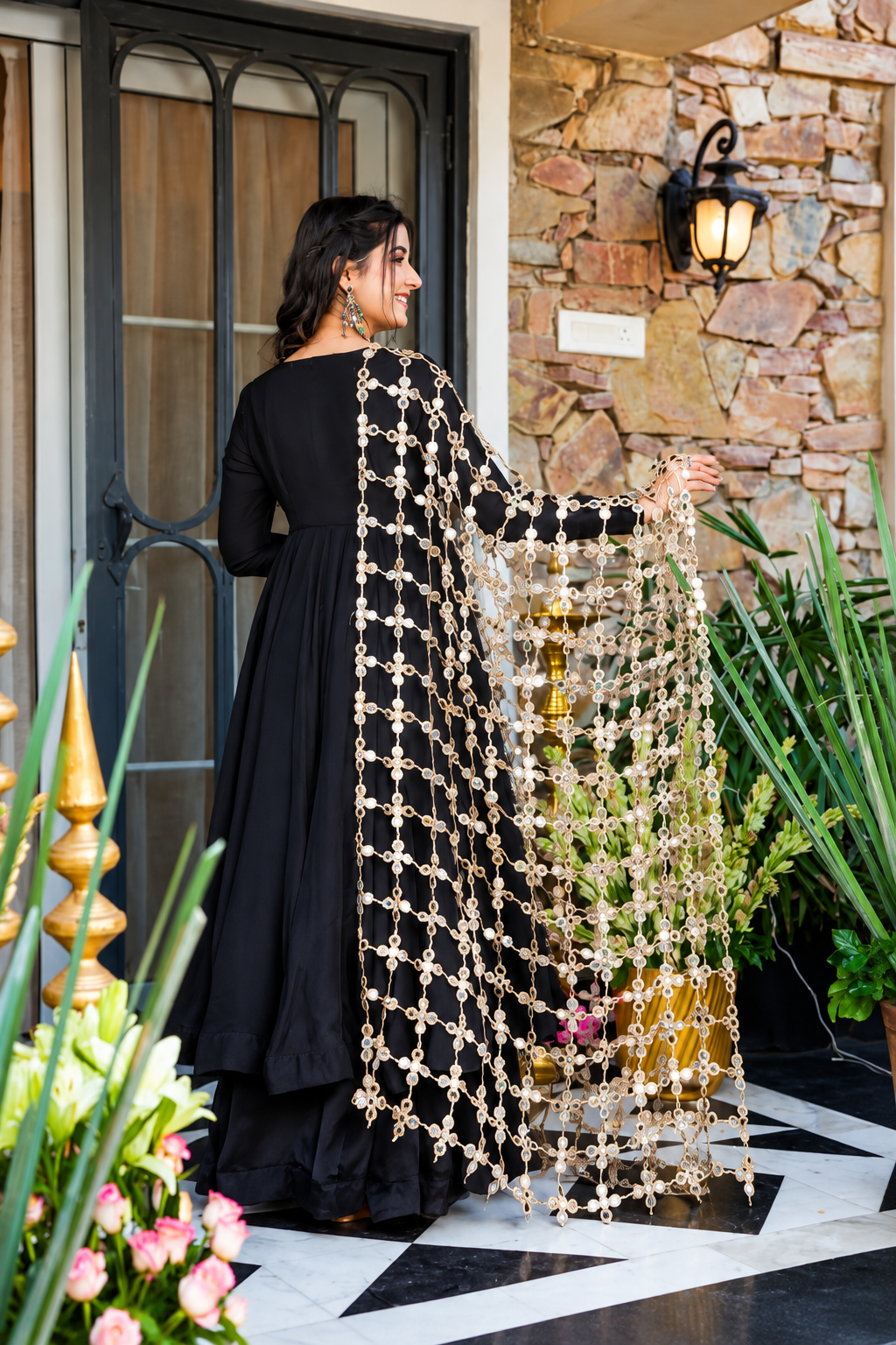 Black Anarkali Set with Mirror Work Dupatta