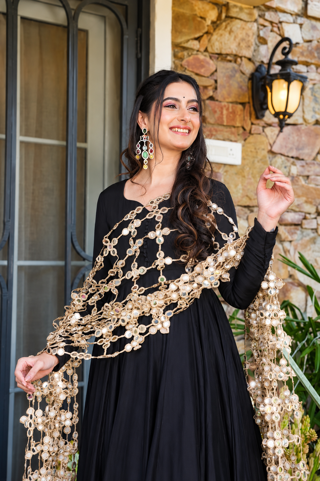 Black Anarkali Set with Mirror Work Dupatta