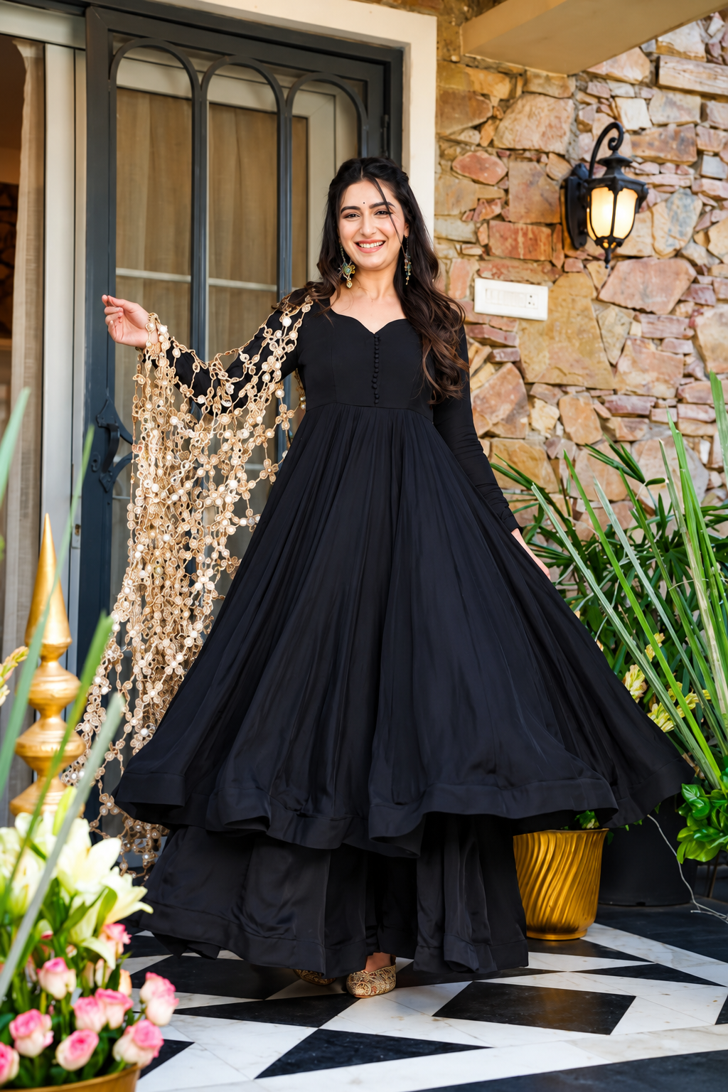 Black Anarkali Set with Mirror Work Dupatta