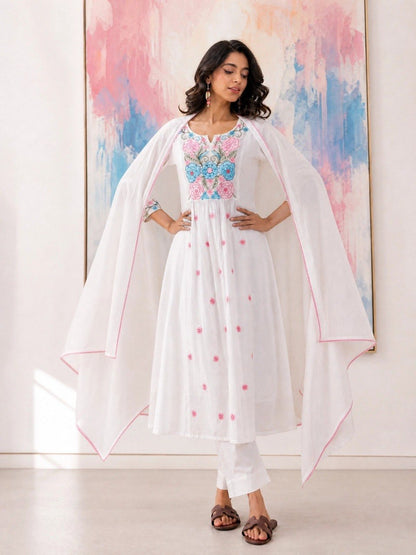 White Floral Embroidered Chanderi Anarkali Suit Set