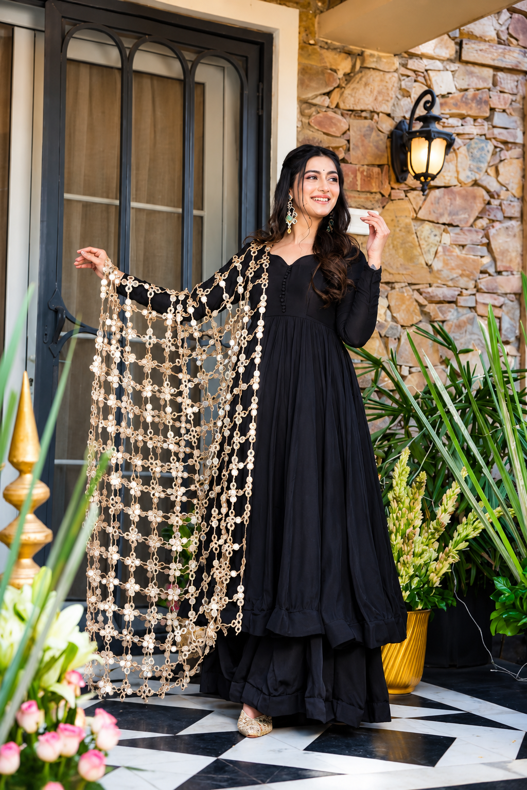 Black Anarkali Set with Mirror Work Dupatta