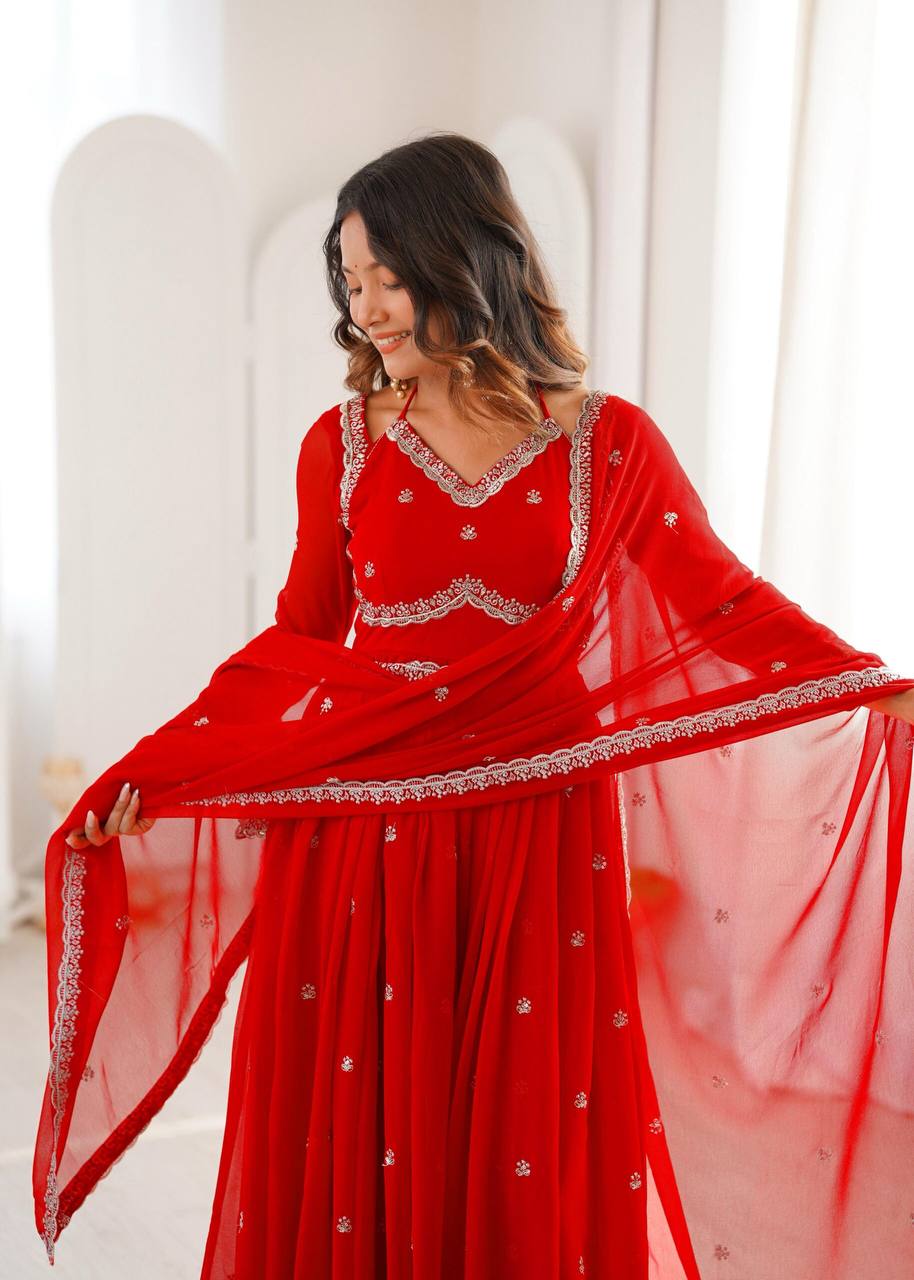 Red Embroidered Anarkali Set with Dupatta