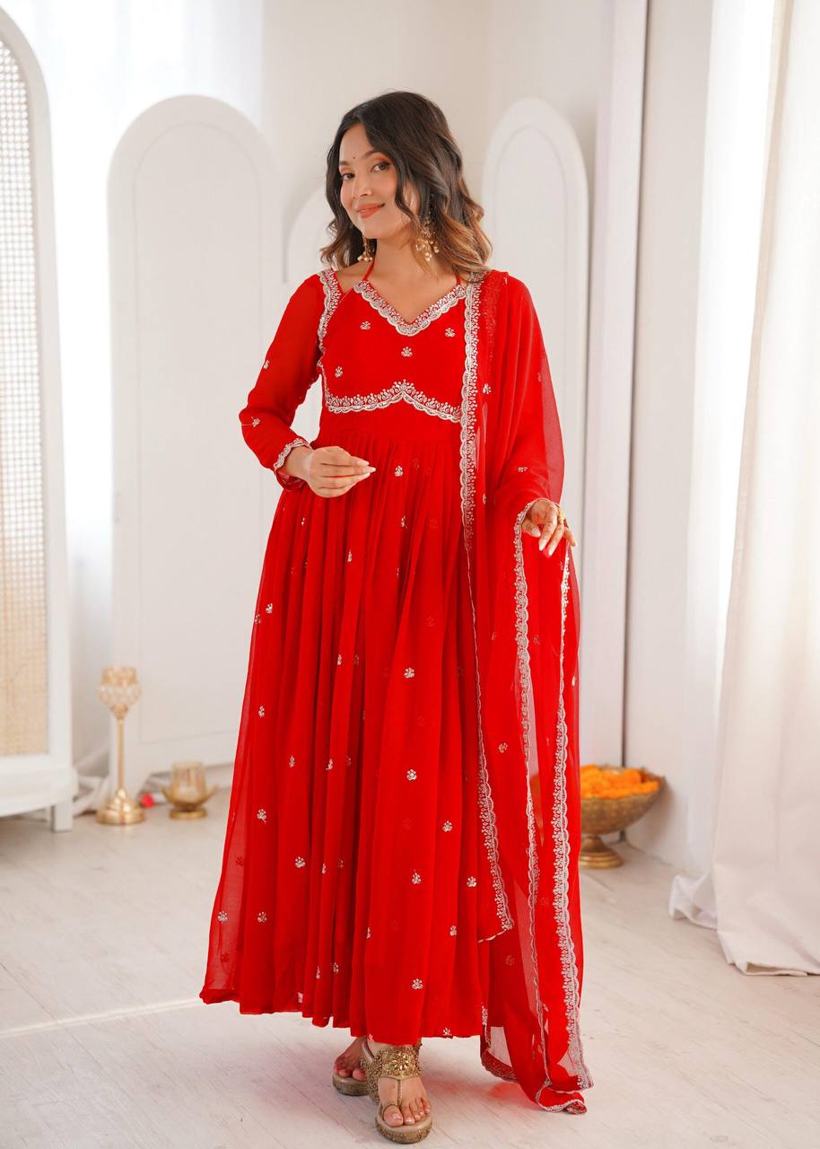 Red Embroidered Anarkali Set with Dupatta
