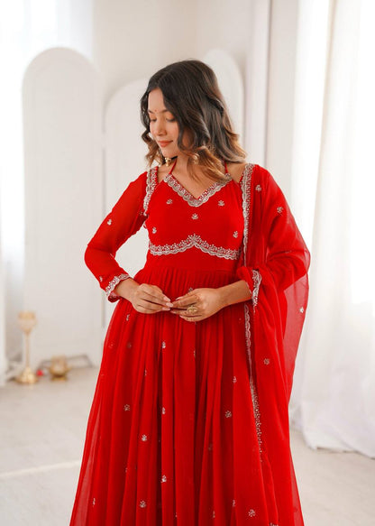 Red Embroidered Anarkali Set with Dupatta