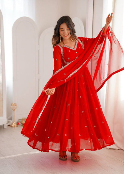 Red Embroidered Anarkali Set with Dupatta