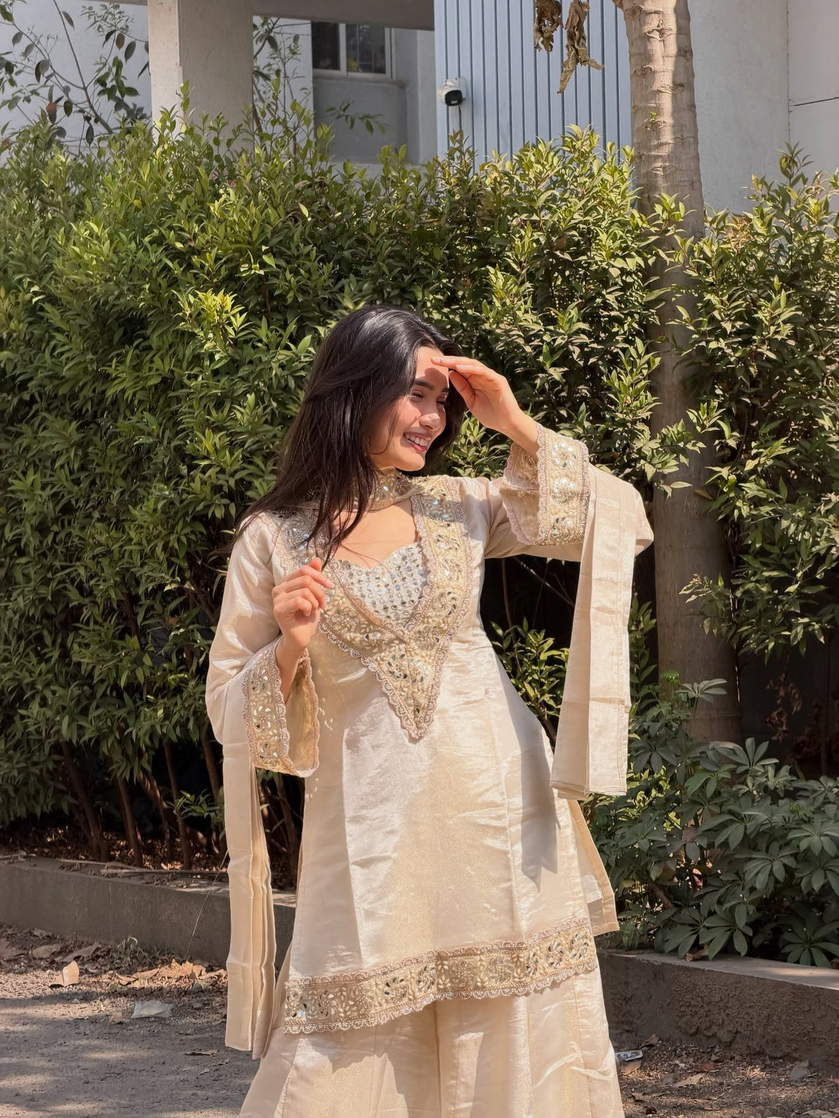 Champagne Silk Kurta Set with Real Mirror Work