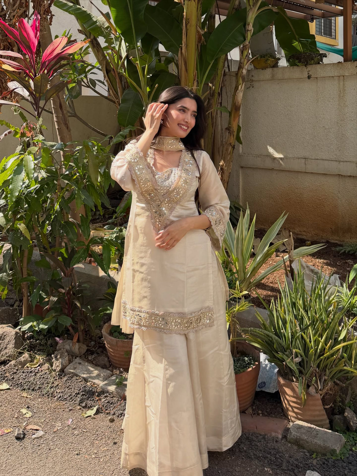 Champagne Silk Kurta Set with Real Mirror Work