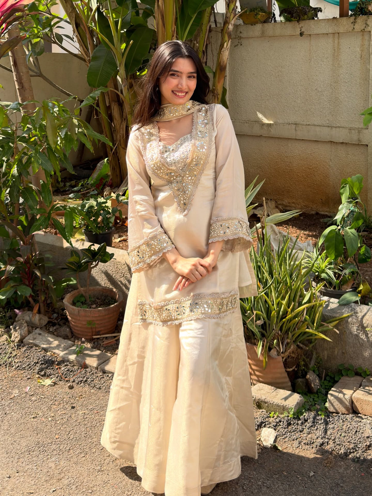 Champagne Silk Kurta Set with Real Mirror Work