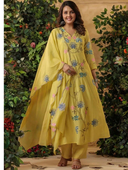 Yellow Pandadi Embroidered 3-Piece Suit Set